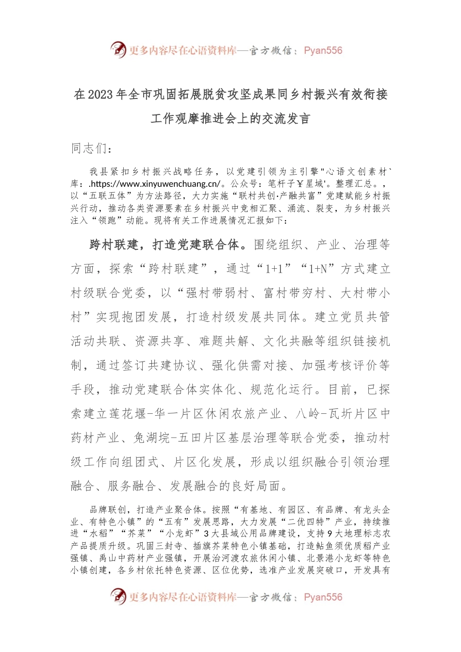 在2023年全市巩固拓展脱贫攻坚成果同乡村振兴有效衔接工作观摩推进会上的交流发言.docx_第1页