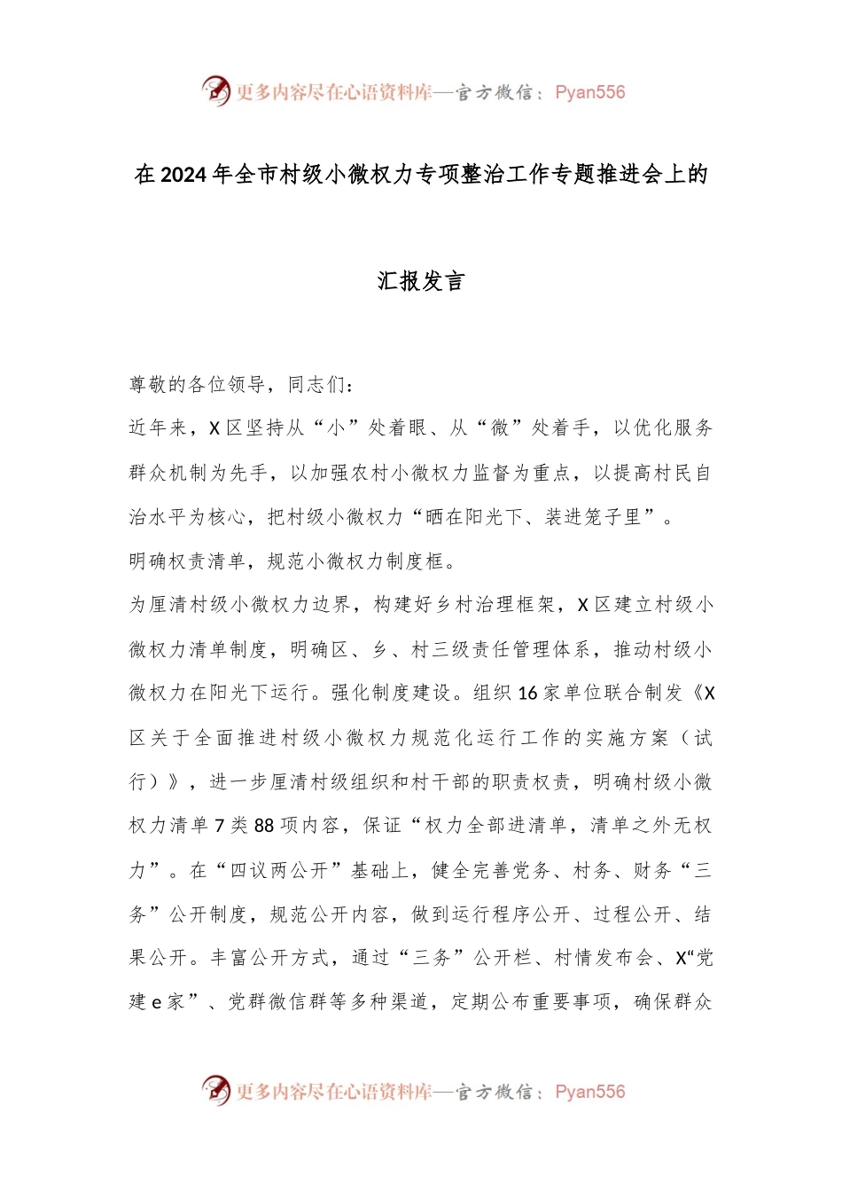 在2024年全市村级小微权力专项整治工作专题推进会上的汇报发言.docx_第1页