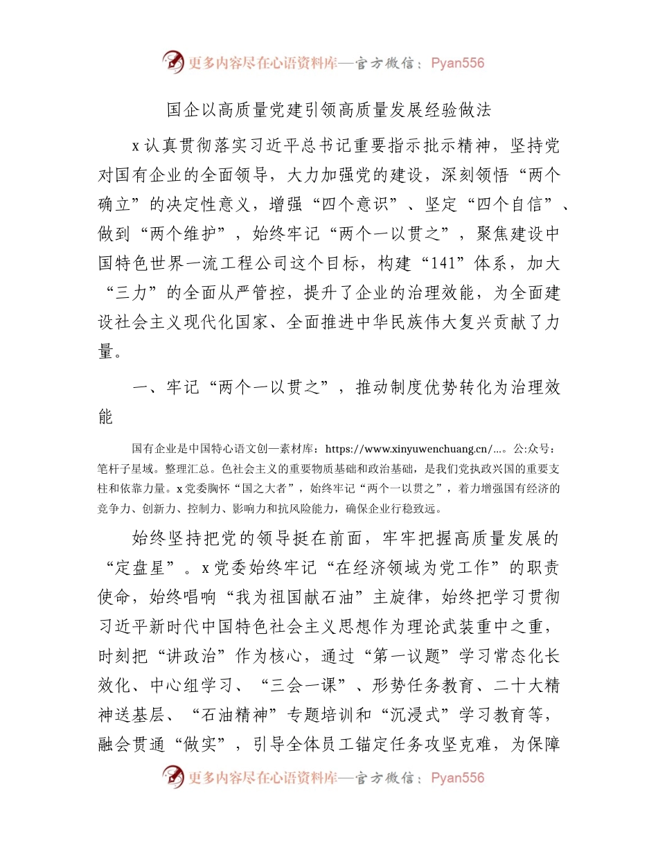 国企公司以高质量党建引领高质量发展经验做法总结.docx_第1页