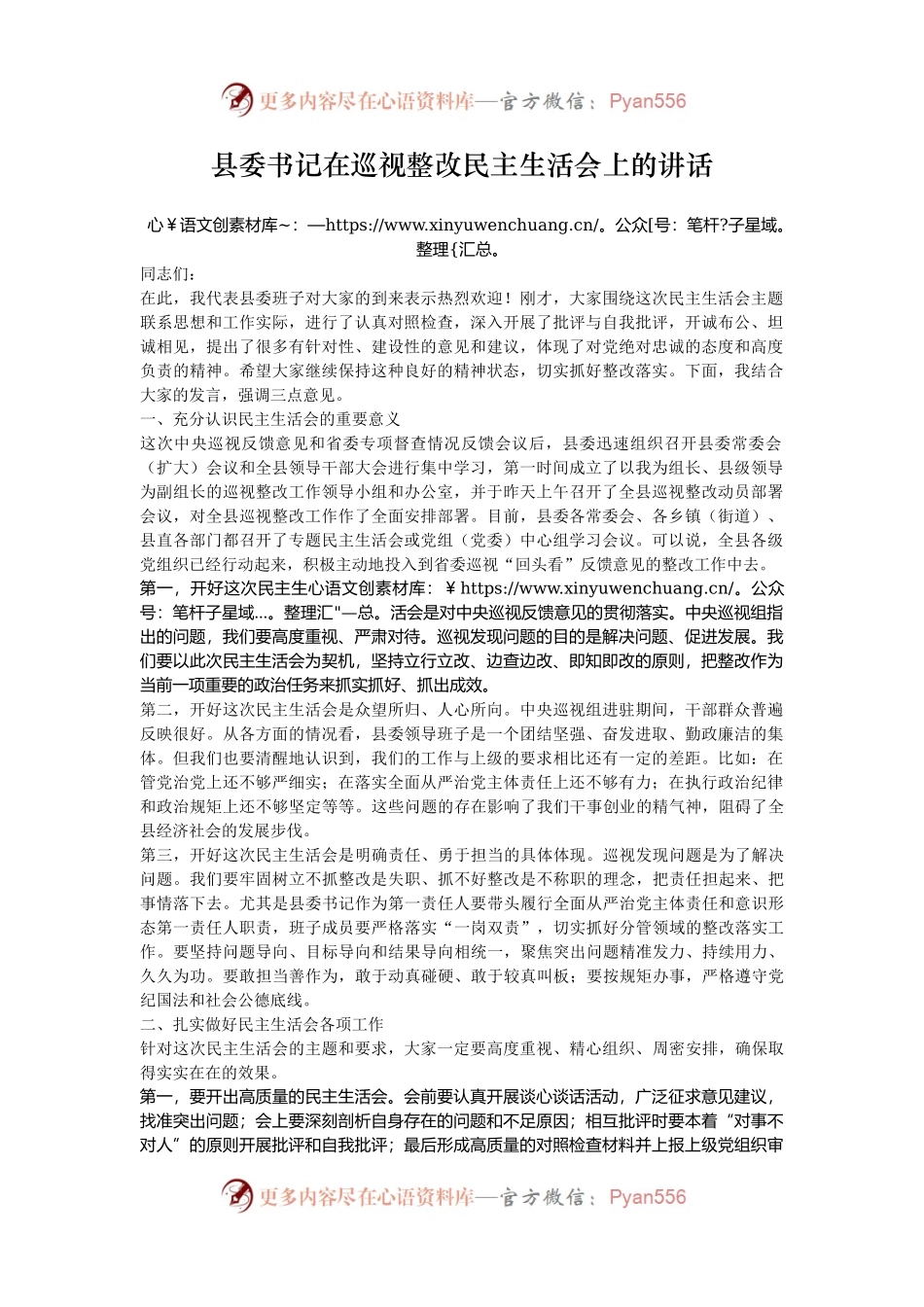 县委书记在巡视整改民主生活会上的讲话.docx_第1页
