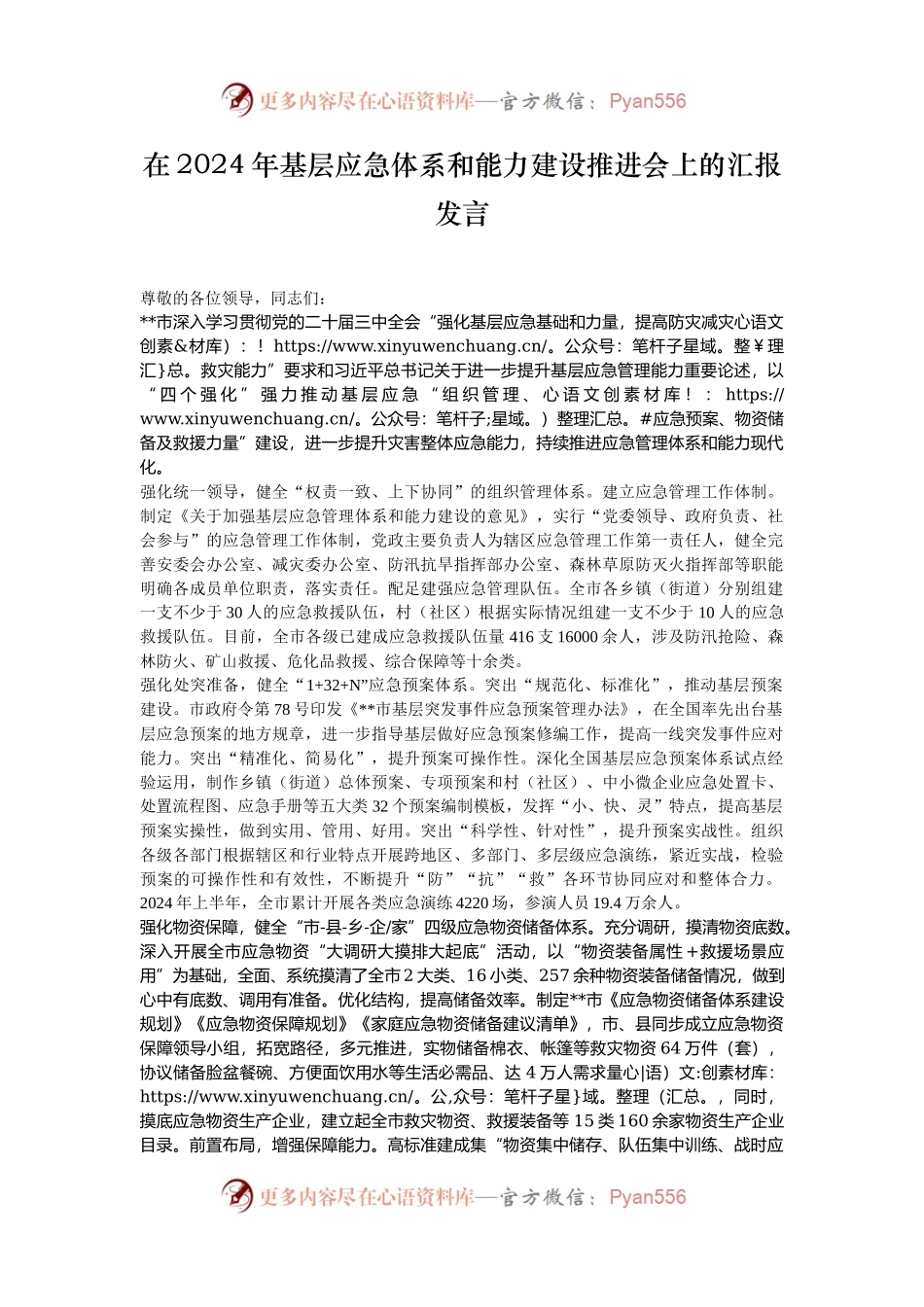 在2024年基层应急体系和能力建设推进会上的汇报发言.docx_第1页