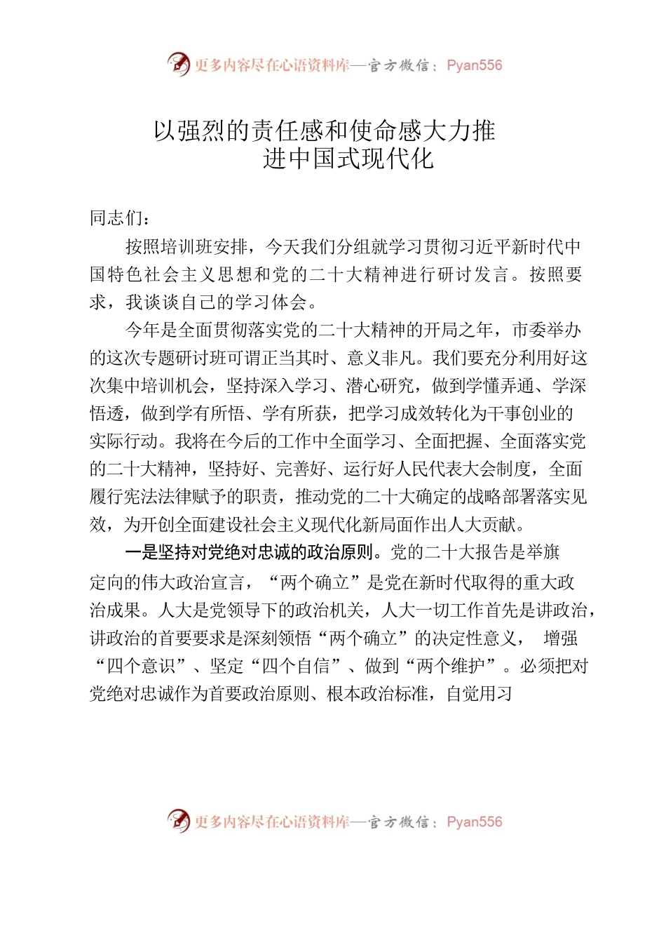 县处级研讨班发言提纲——以强烈的责任感和使命感大力推进中国式现代化.docx_第1页