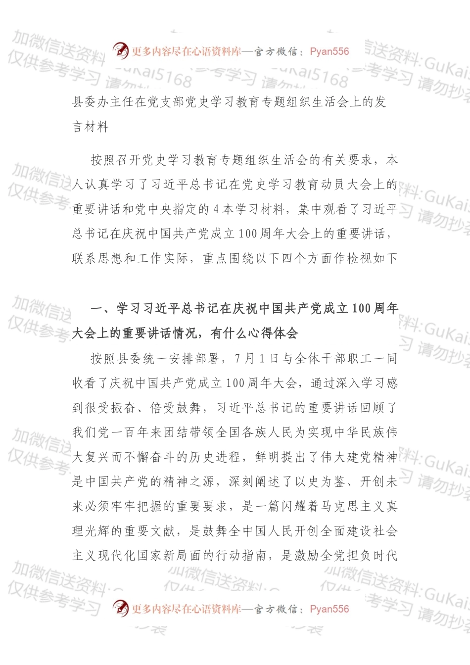 县委办主任在党支部党史学习教育专题组织生活会上的发言材料.docx_第1页