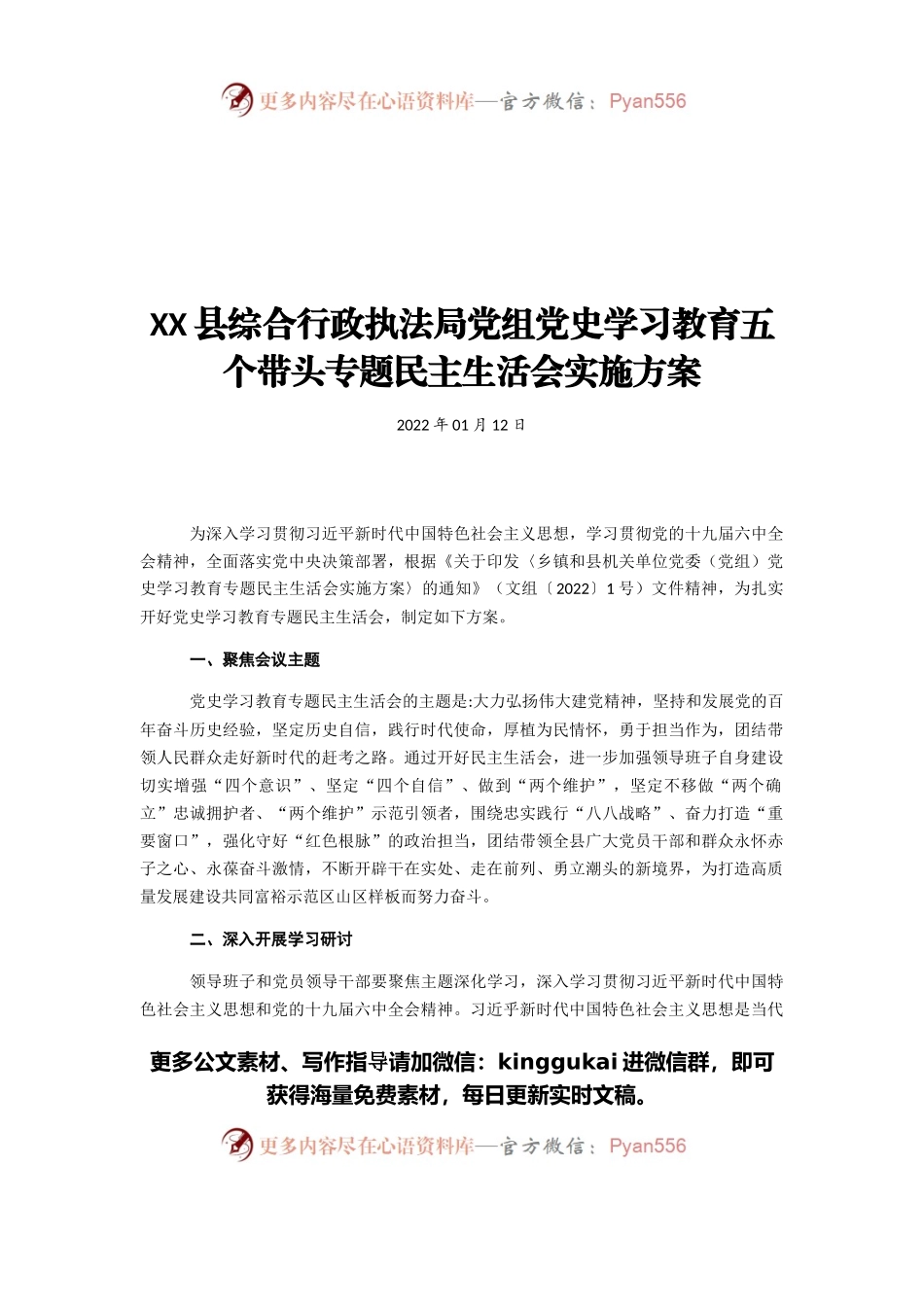 县综合行政执法局党组党史学习教育五个带头专题民主生活会实施方案.docx_第1页