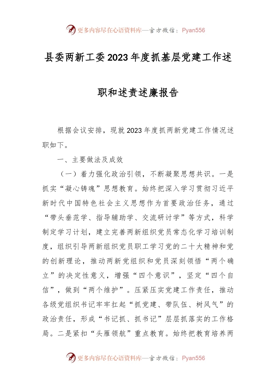 县委两新工委2023年度抓基层党建工作述职和述责述廉报告.docx_第1页