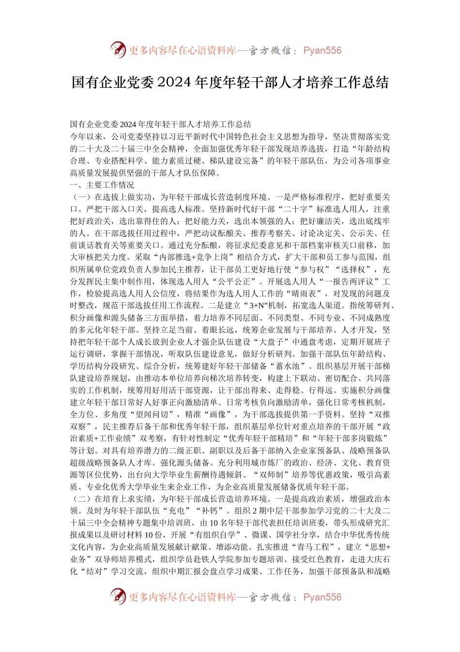 国有企业党委2024年度年轻干部人才培养工作总结.docx_第1页
