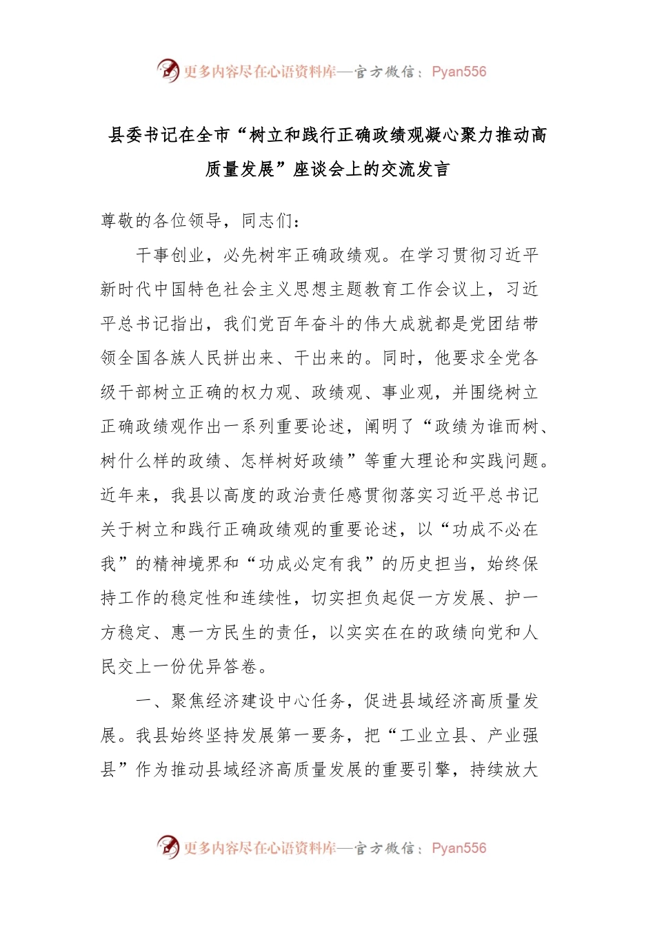 县委书记在全市“树立和践行正确政绩观凝心聚力推动高质量发展”座谈会上的交流发言.docx_第1页