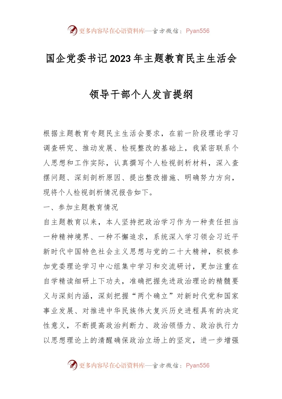 国企党委书记2023年主题教育民主生活会领导干部个人发言提纲.docx_第1页