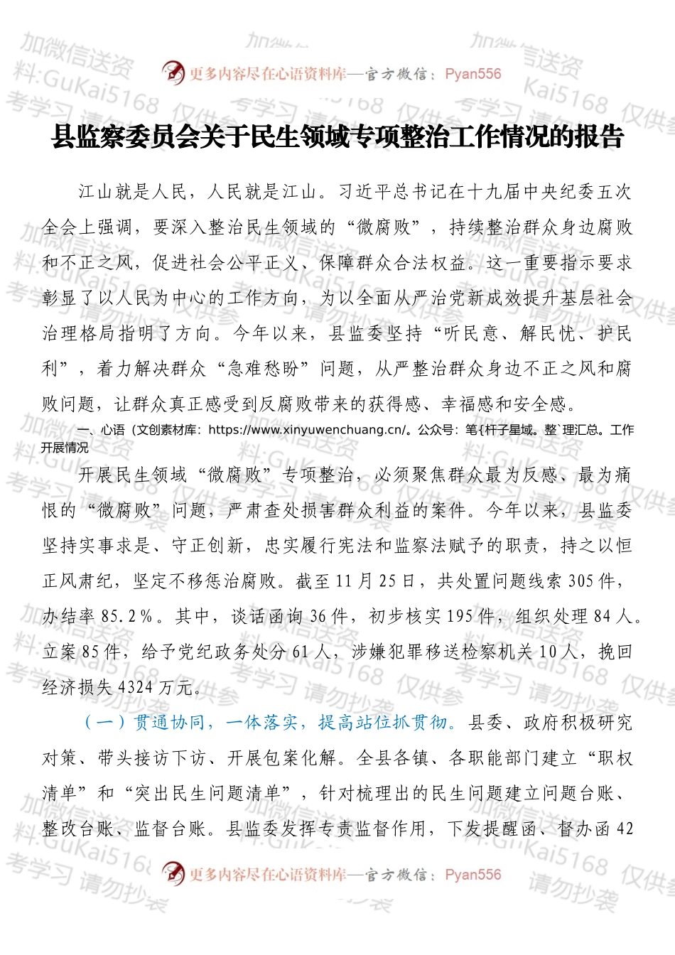县监察委员会关于民生领域专项整治工作情况的报告.docx_第1页