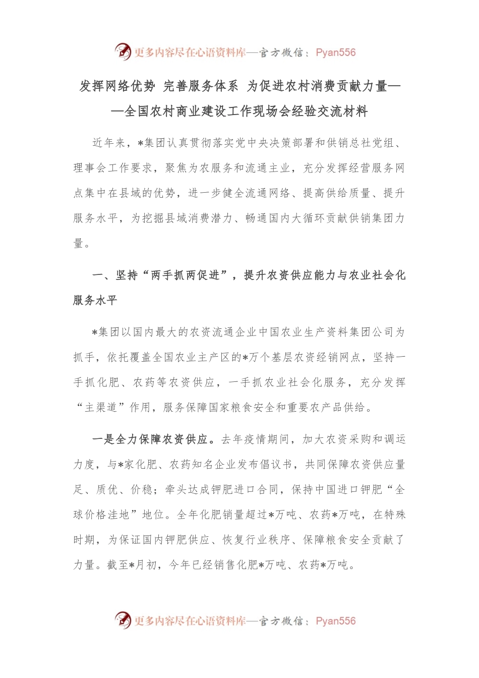 发挥网络优势 完善服务体系 为促进农村消费贡献力量—全国农村商业建设工作现场会经验交流材料.docx_第1页