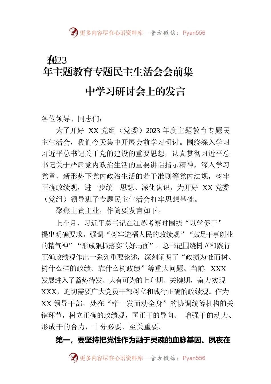 在2023年主题教育专题民主生活会会前集中学习研讨会上的发言.docx_第1页