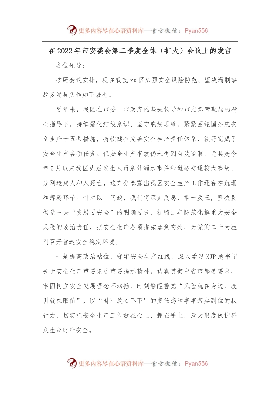 在2022年市安委会第二季度全体[扩大]会议上的发言.docx_第1页
