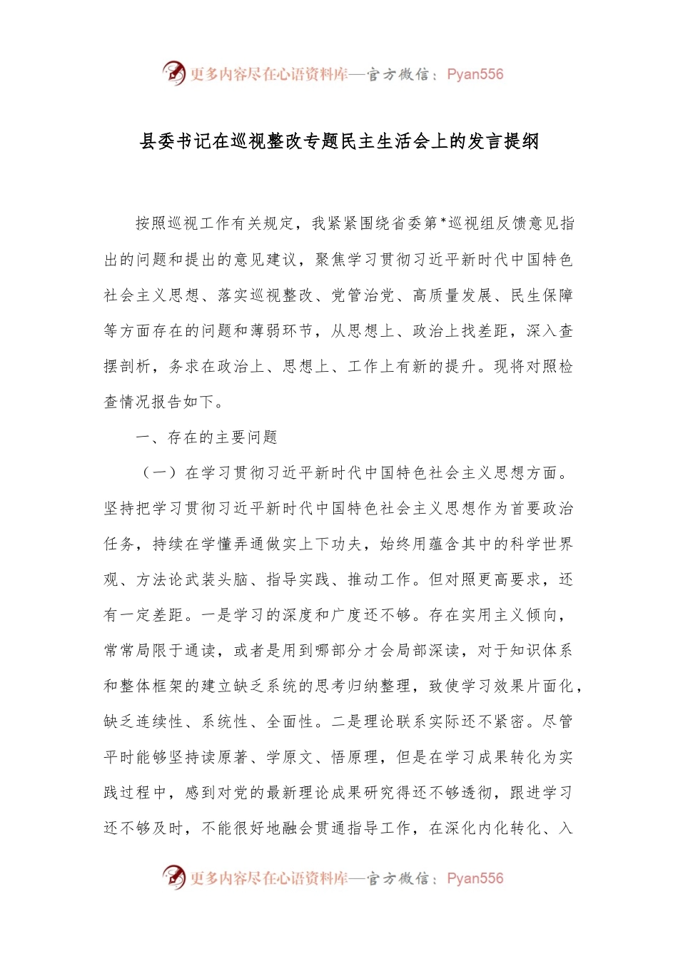 县委书记在巡视整改专题民主生活会上的发言提纲.docx_第1页