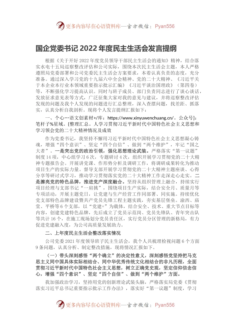 国企党委书记2022年度民主生活会发言提纲.docx_第1页