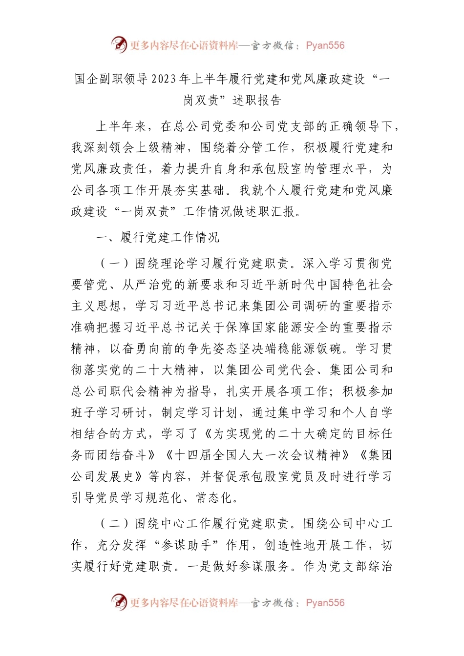 国企公司副职2023年上半年履行党建和党风廉政建设“一岗双责”述职报告（2500字）.docx_第1页