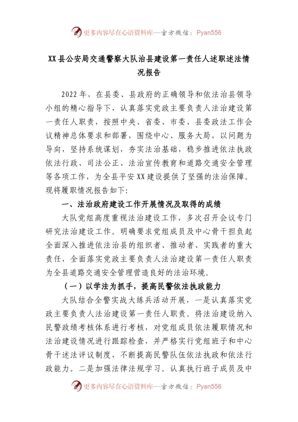 县公安局交通警察大队治县建设第一责任人述职述法情况报告.docx_第1页