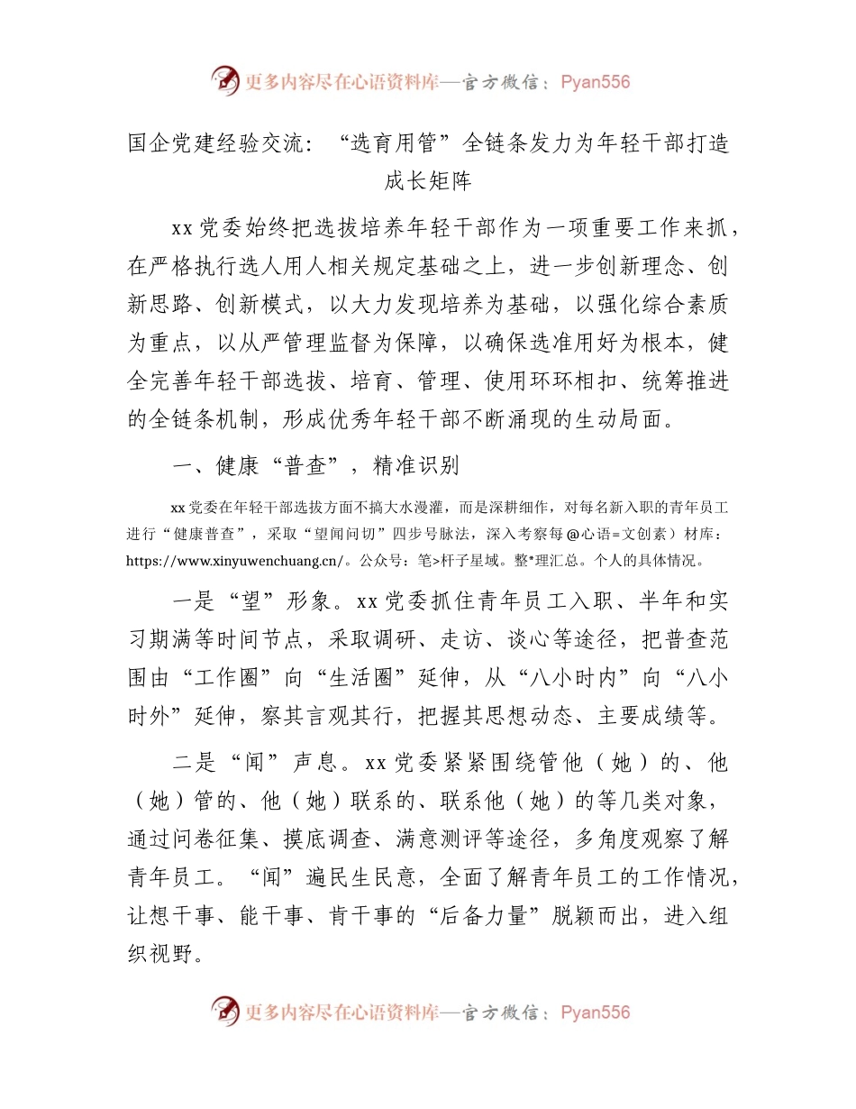 国企公司党建经验交流：“选育用管”全链条发力 为年轻干部打造成长矩阵.docx_第1页