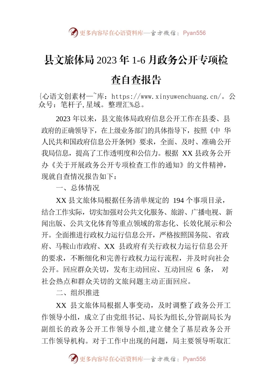 县文旅体局2023年1-6月政务公开专项检查自查报告(20230626).docx_第1页