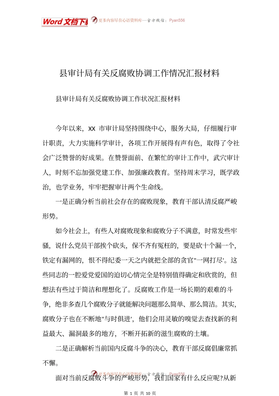 县审计局有关反腐败协调工作情况汇报材料.docx_第1页