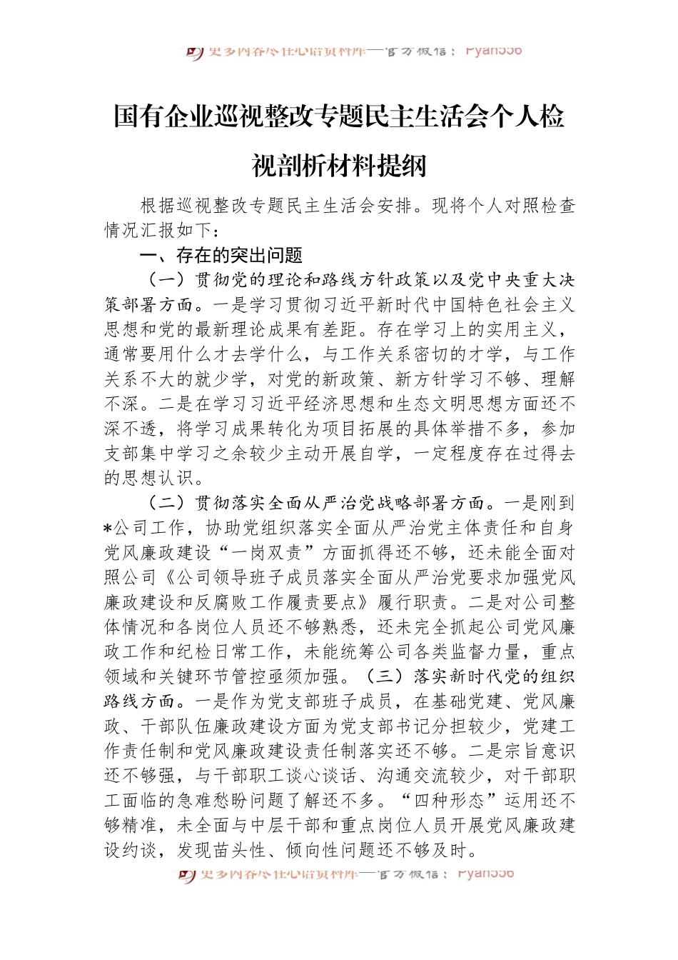 国有企业巡视整改专题民主生活会个人检视剖析材料提纲.docx_第1页