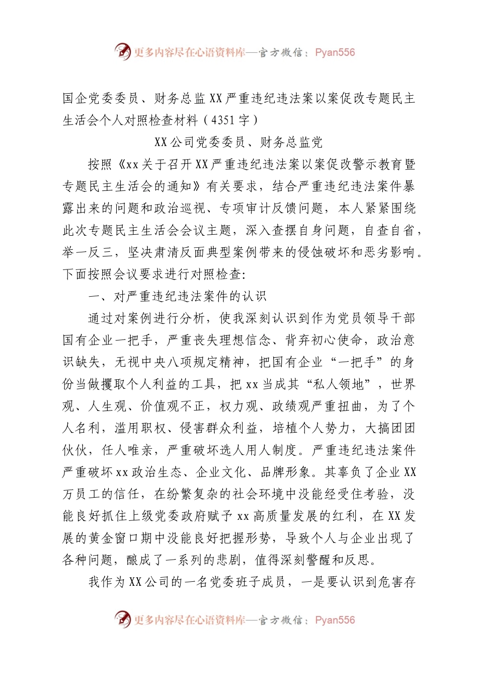 国企党委委员、财务总监XX严重违纪违法案以案促改专题民主生活会个人对照检查材料.docx_第1页