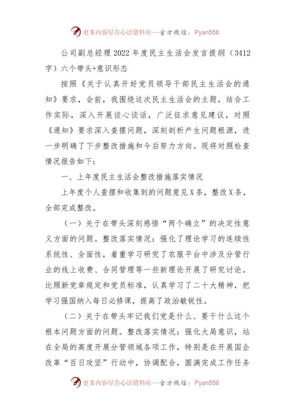 国企副总经理2022年度民主生活会发言提纲.docx_第1页
