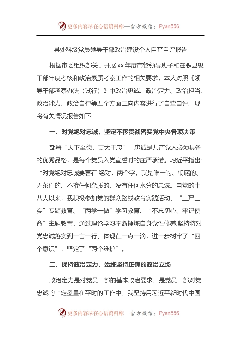县处科级党员领导干部政治建设个人自查自评报告.docx_第1页