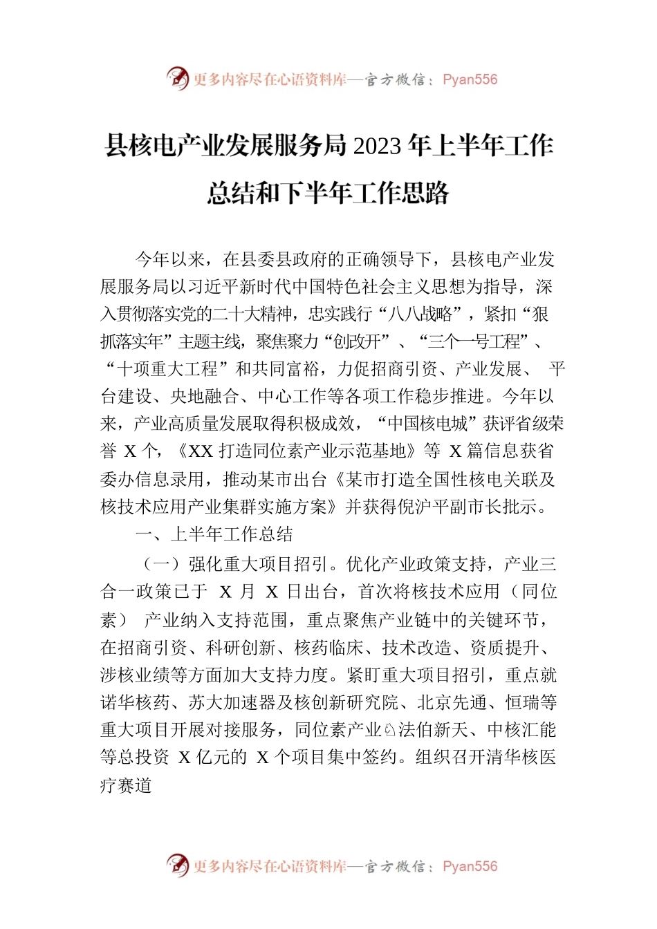县核电产业发展服务局2023年上半年工作总结和下半年工作思路（20230704）.docx_第1页
