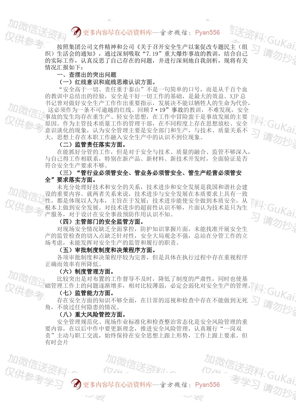 国企技术总监安全生产以案促改专题民主生活会个人发言提纲.docx_第1页