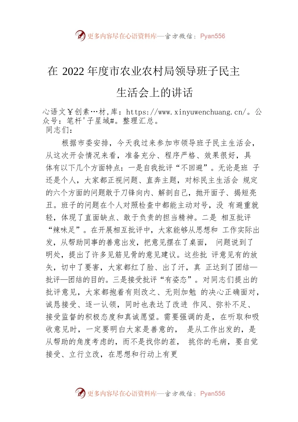在2022年度市农业农村局领导班子民主生活会上的讲话.docx_第1页