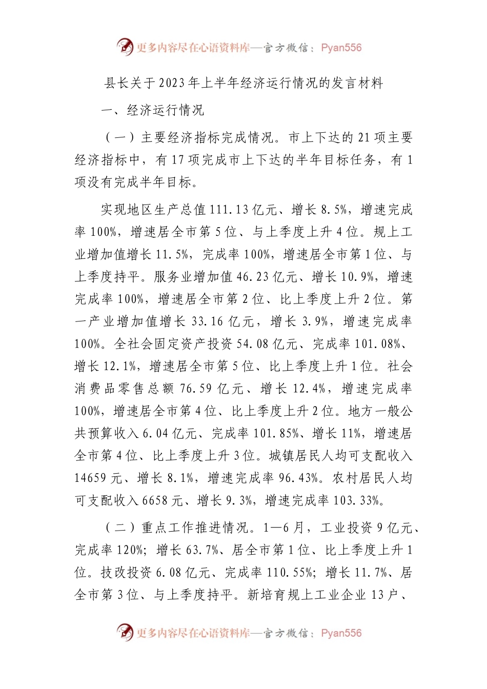 县长2023年上半年经济运行情况的发言.docx_第1页