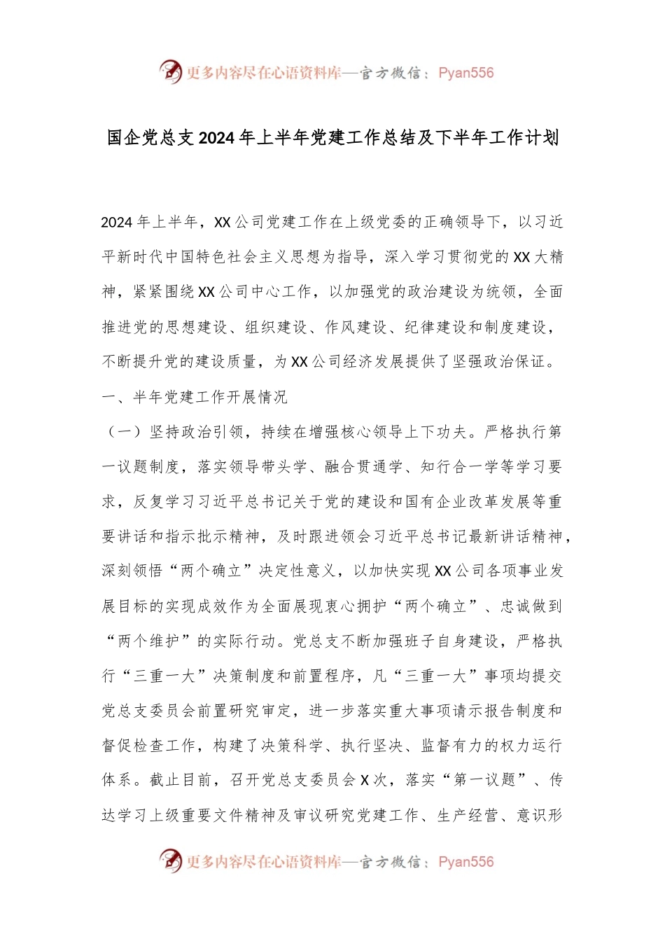 国企党总支2024年上半年党建工作总结及下半年工作计划.docx_第1页