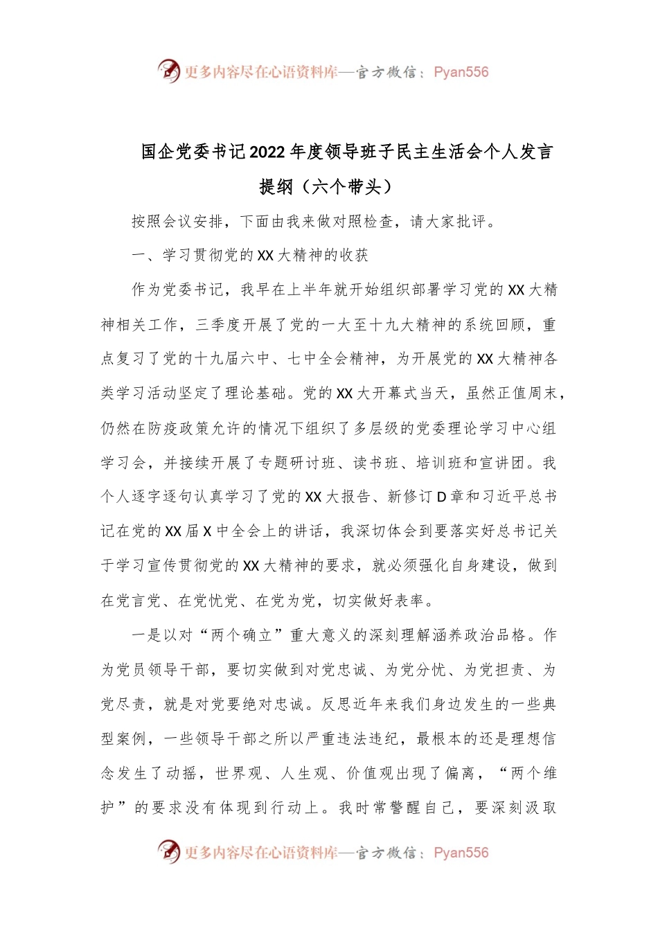 国企党委书记2022年度领导班子民主生活会个人发言提纲.docx_第1页
