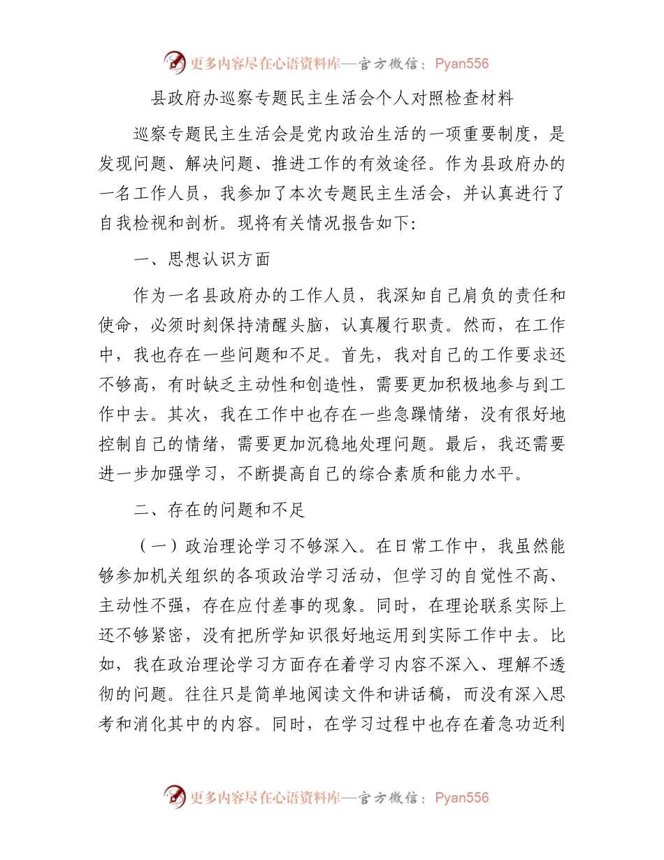 县政府办巡察专题民主生活会个人对照检查材料.docx_第1页
