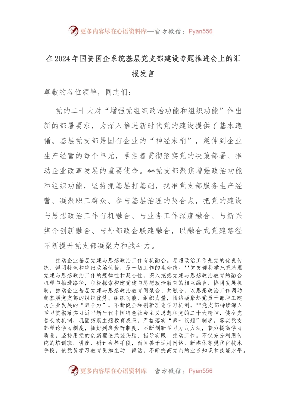 在2024年国资国企系统基层党支部建设专题推进会上的汇报发言.docx_第1页