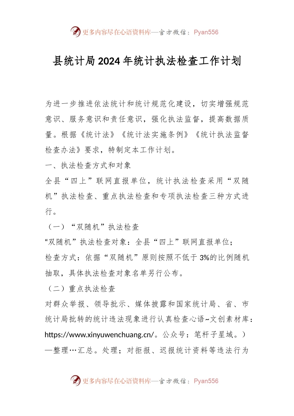 县统计局2024年统计执法检查工作计划.docx_第1页