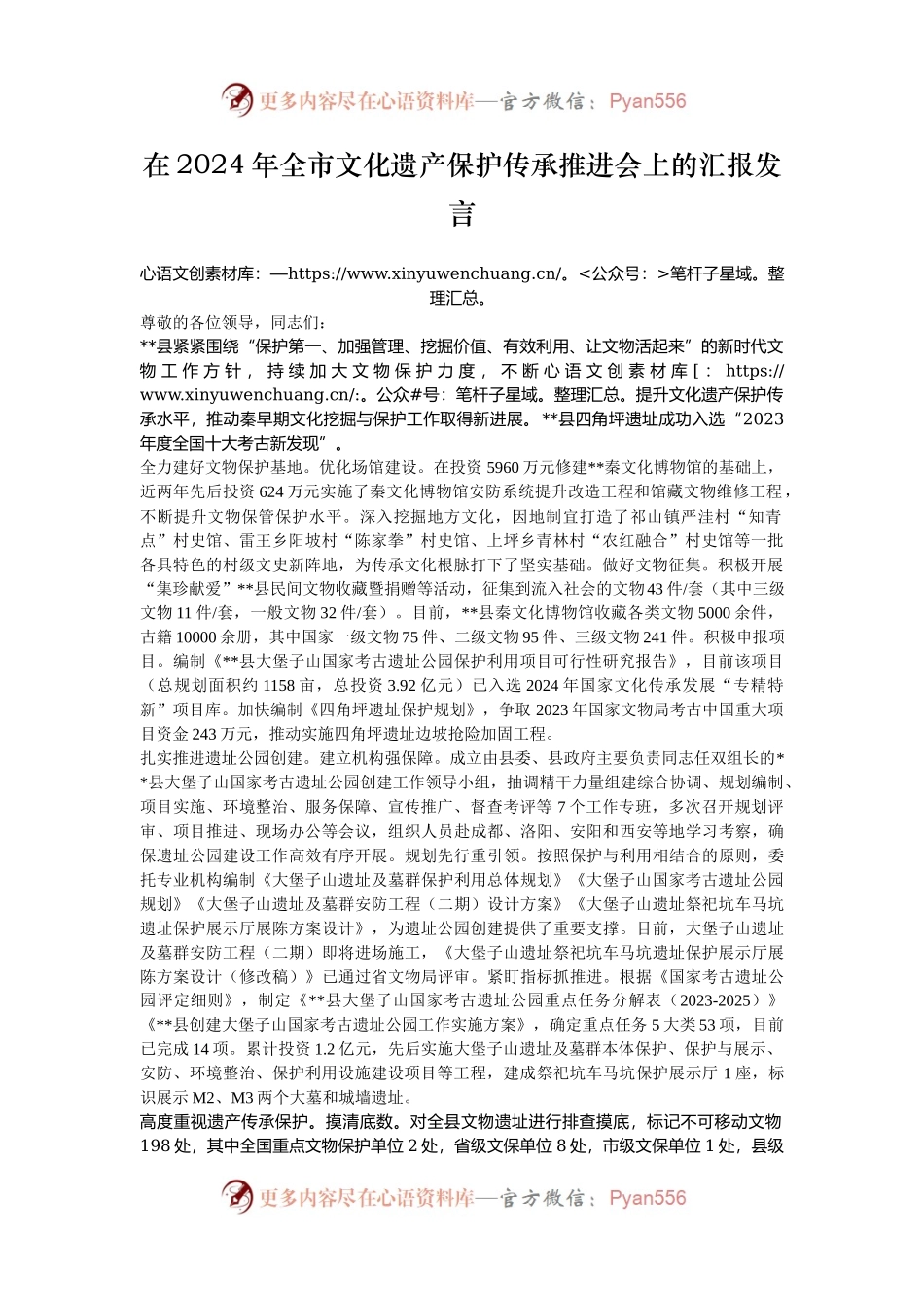 在2024年全市文化遗产保护传承推进会上的汇报发言.docx_第1页