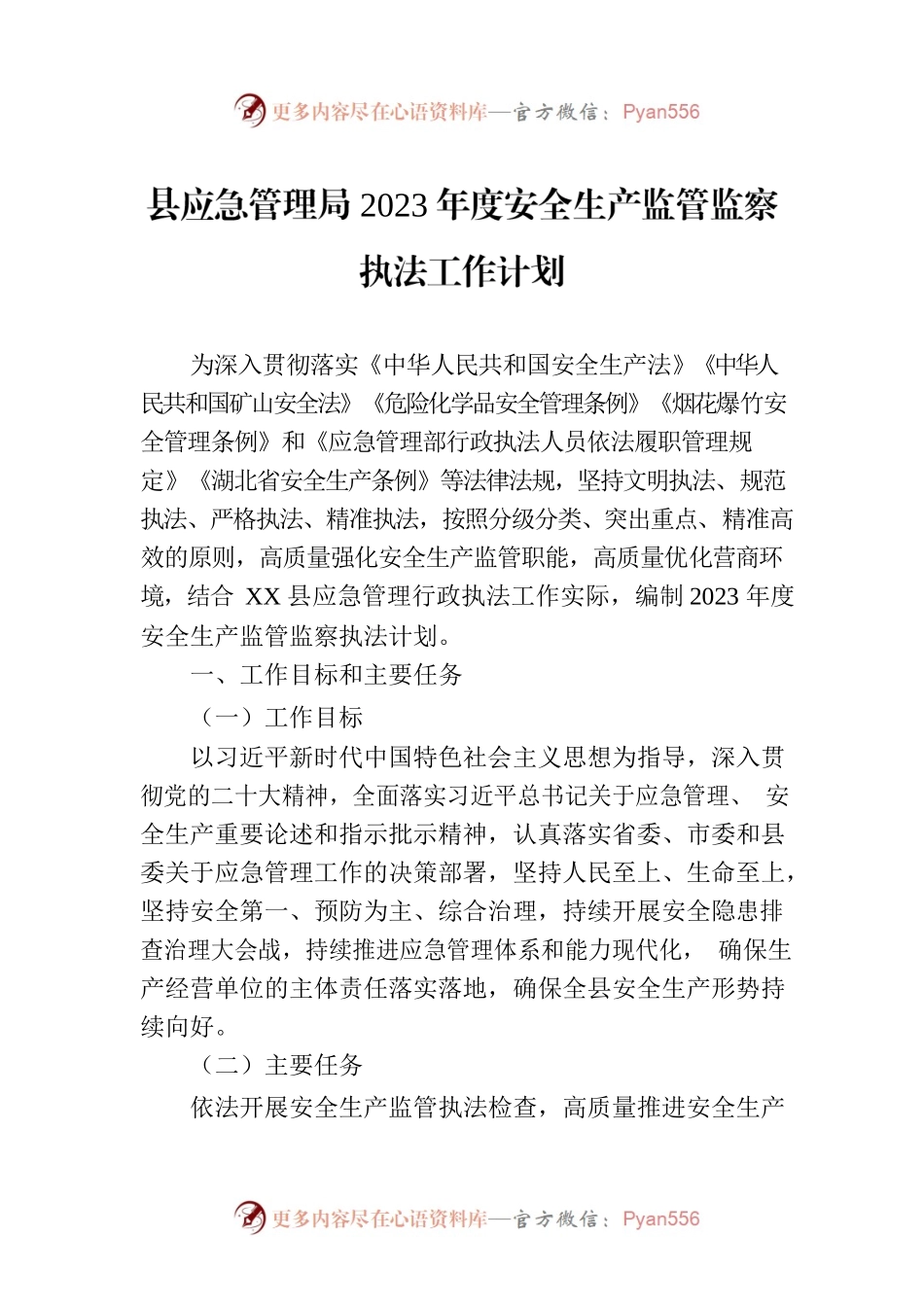 县应急管理局2023年度安全生产监管监察执法工作计划.docx_第1页