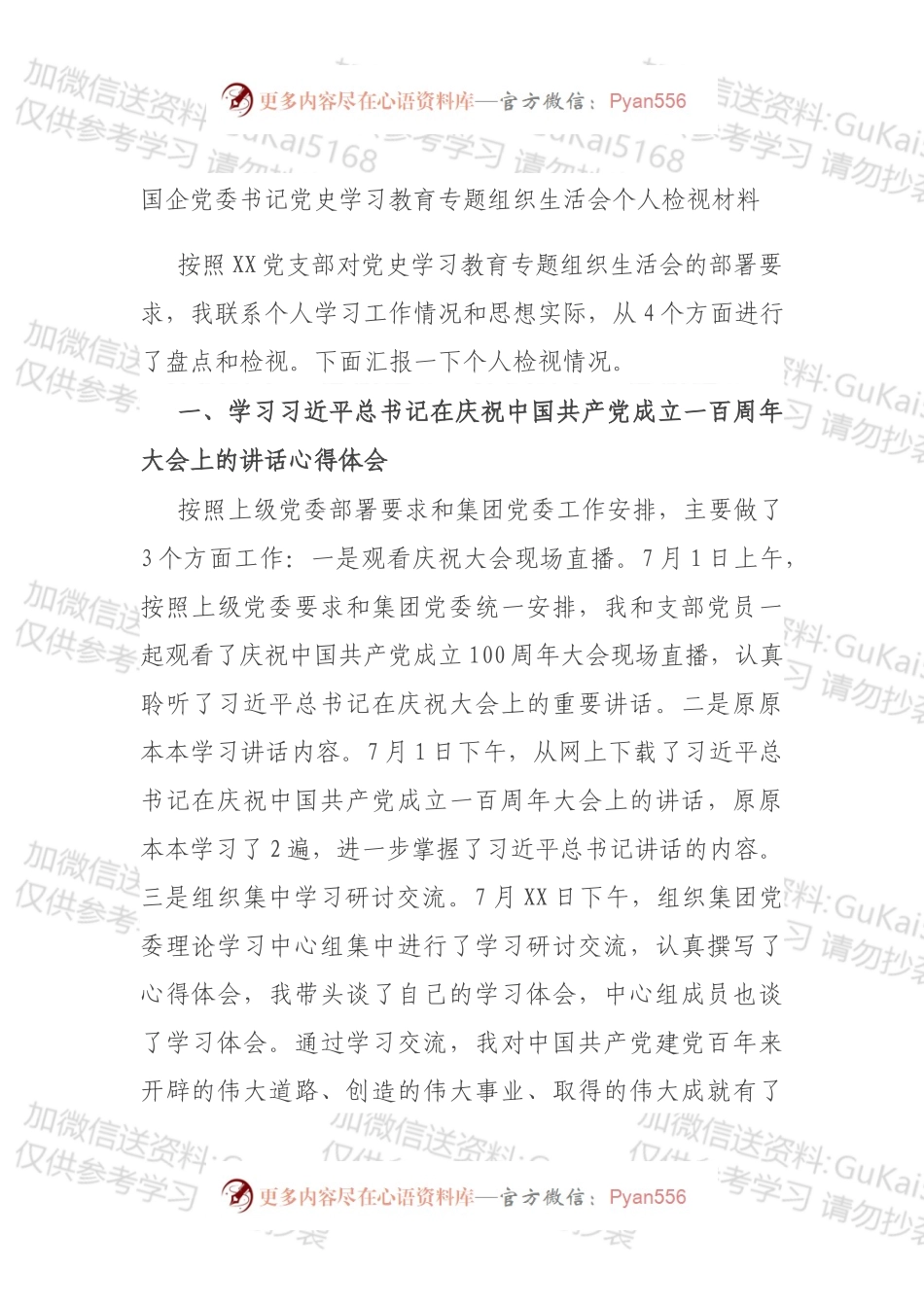 国企党委书记党史学习教育专题组织生活会个人检视材料（1）.docx_第1页