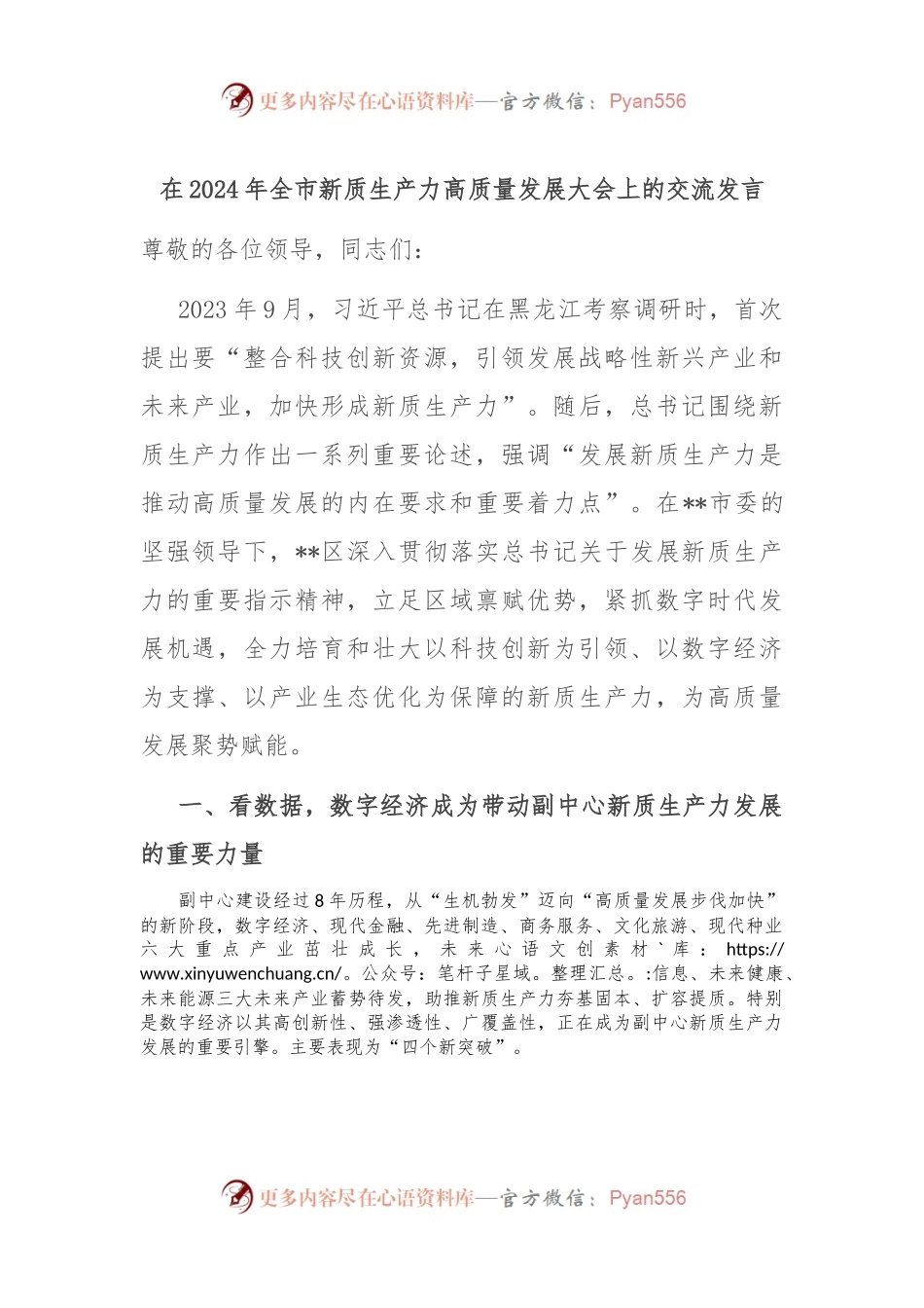 在2024年全市新质生产力高质量发展大会上的交流发言.docx_第1页