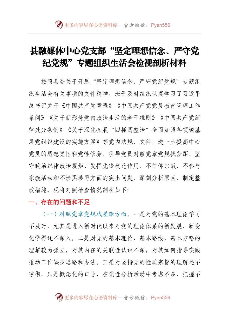 县融媒体中心党支部“坚定理想信念、严守党纪党规”专题组织生活会检视剖析材料.docx_第1页