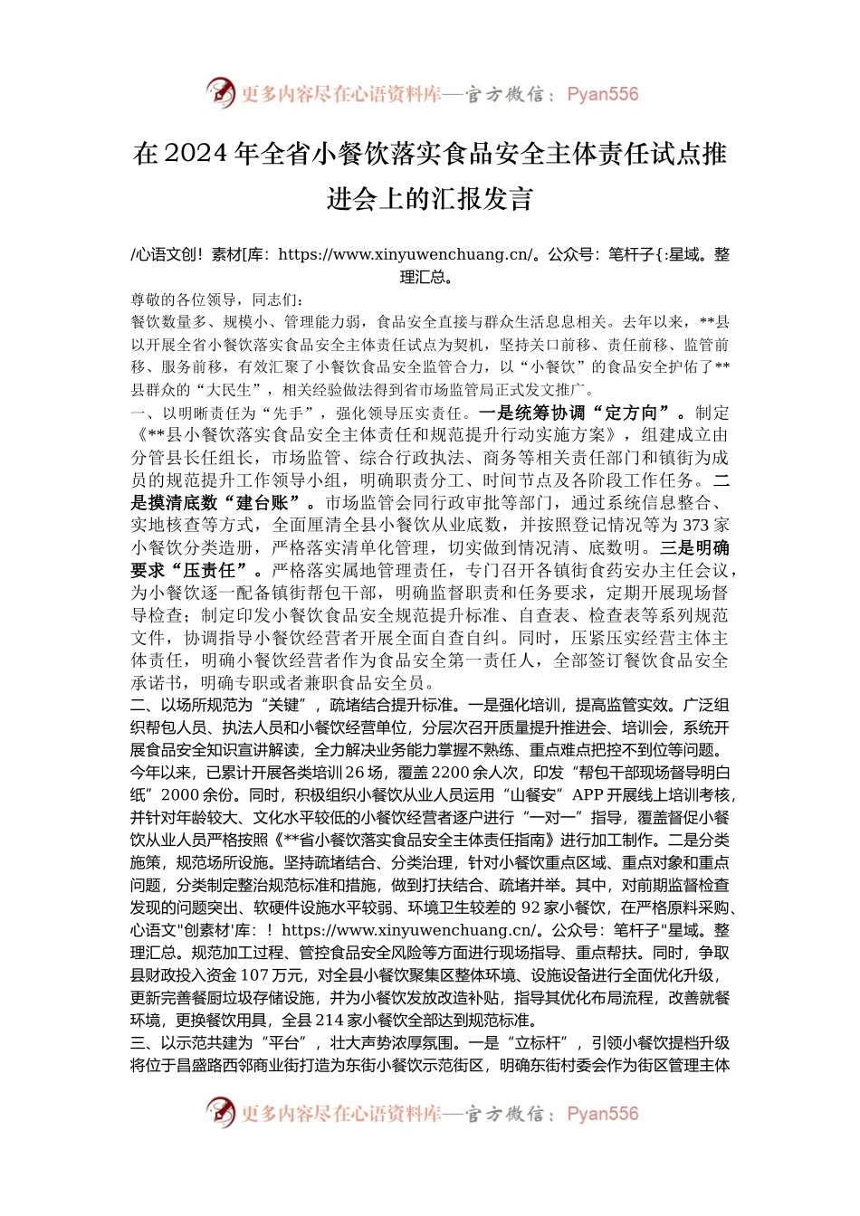 在2024年全省小餐饮落实食品安全主体责任试点推进会上的汇报发言.docx_第1页