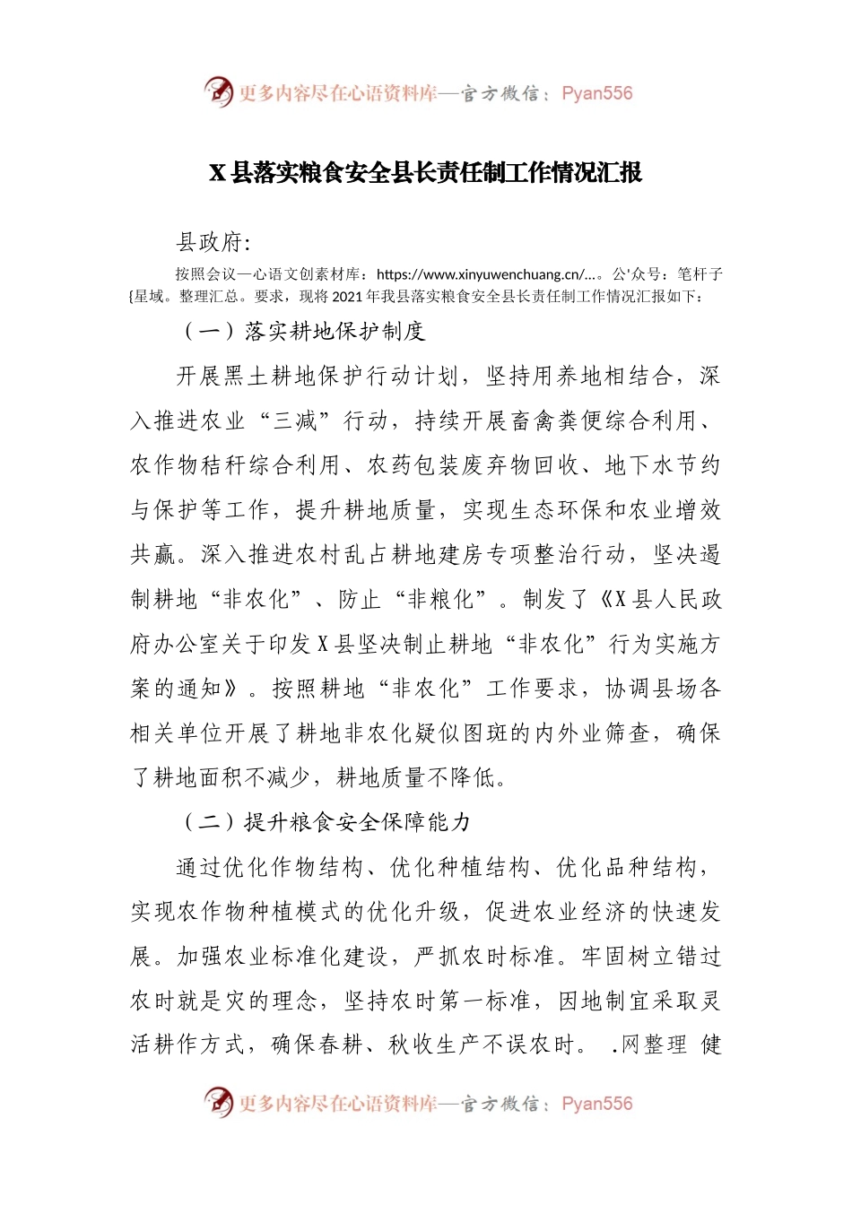 县落实粮食安全县长责任制工作情况汇报.docx_第1页