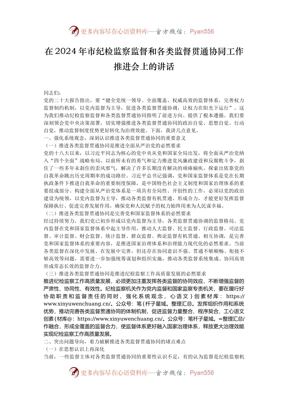 在2024年市纪检监察监督和各类监督贯通协同工作推进会上的讲话.docx_第1页