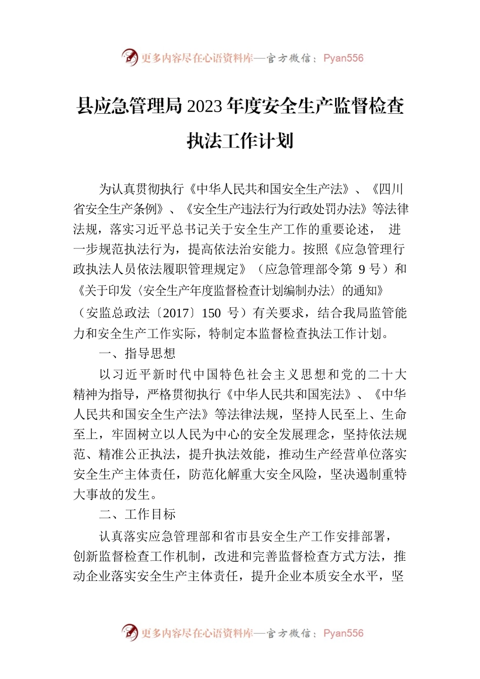县应急管理局2023年度安全生产监督检查执法工作计划.docx_第1页