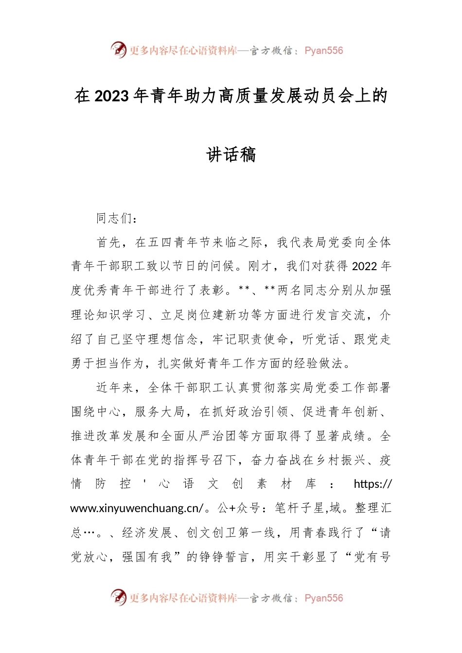 在2023年青年助力高质量发展动员会上的讲话稿.docx_第1页