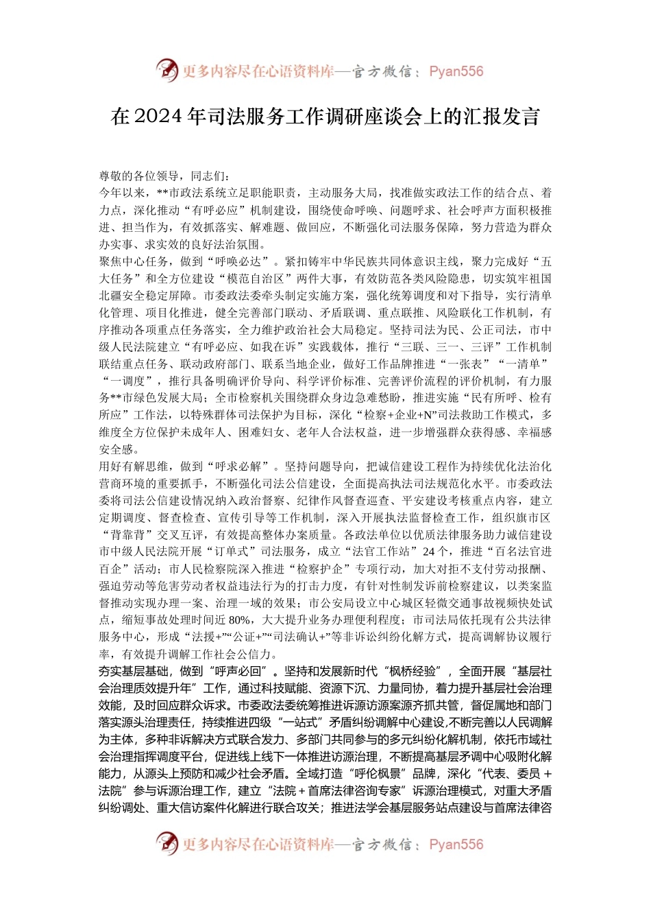 在2024年司法服务工作调研座谈会上的汇报发言.docx_第1页