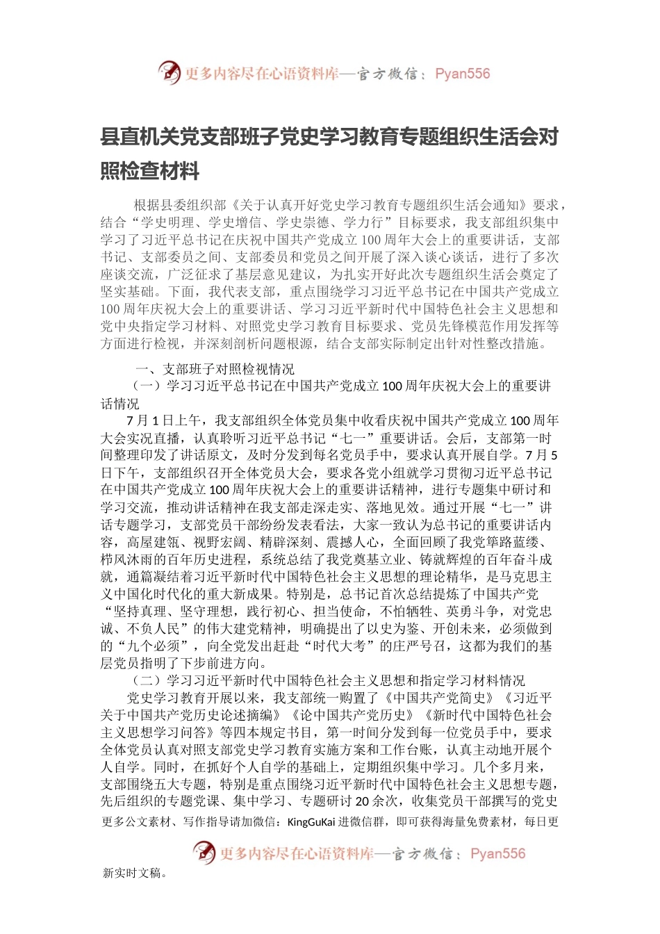 县直机关党支部班子党史学习教育专题组织生活会对照检查材料2.docx_第1页