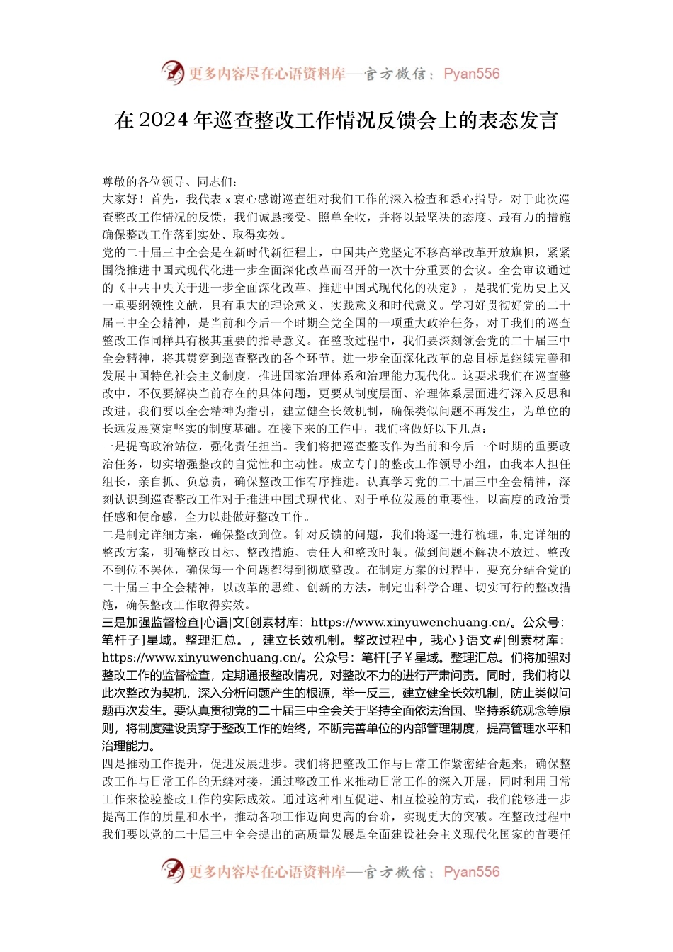 在2024年巡查整改工作情况反馈会上的表态发言.docx_第1页