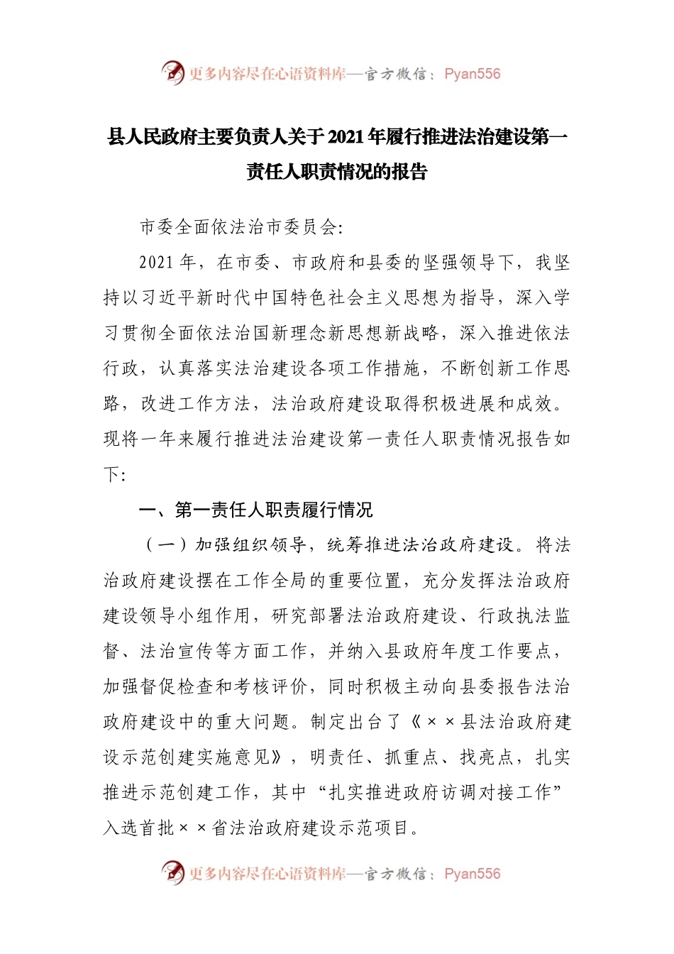 县政府关于2021年履行推进法治建设第一责任人职责情况的报告.docx_第1页